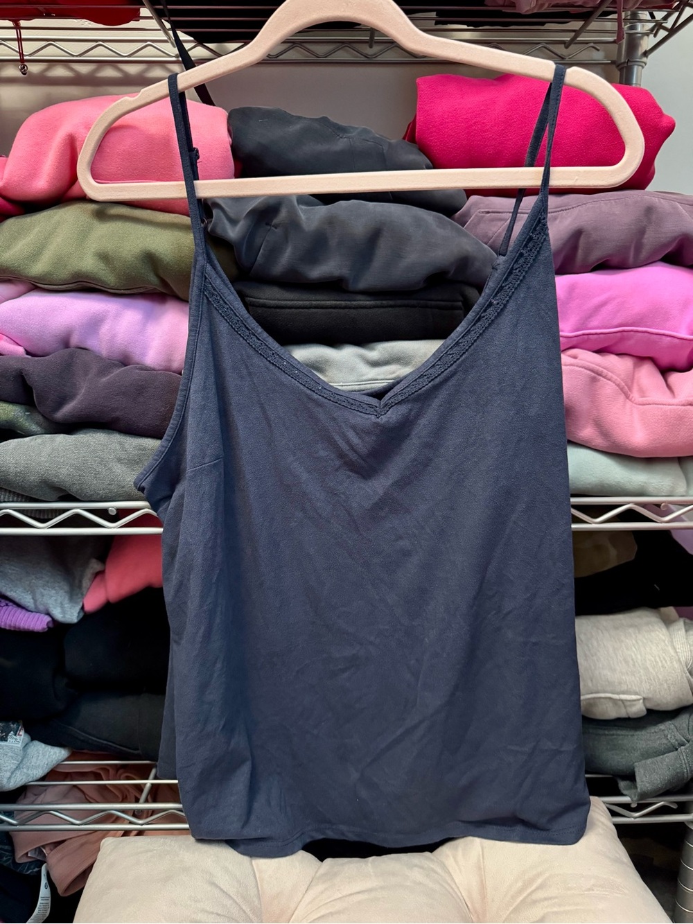 Women's Navy V-Neck Cami Tank Top XXL Suede w/ lace
